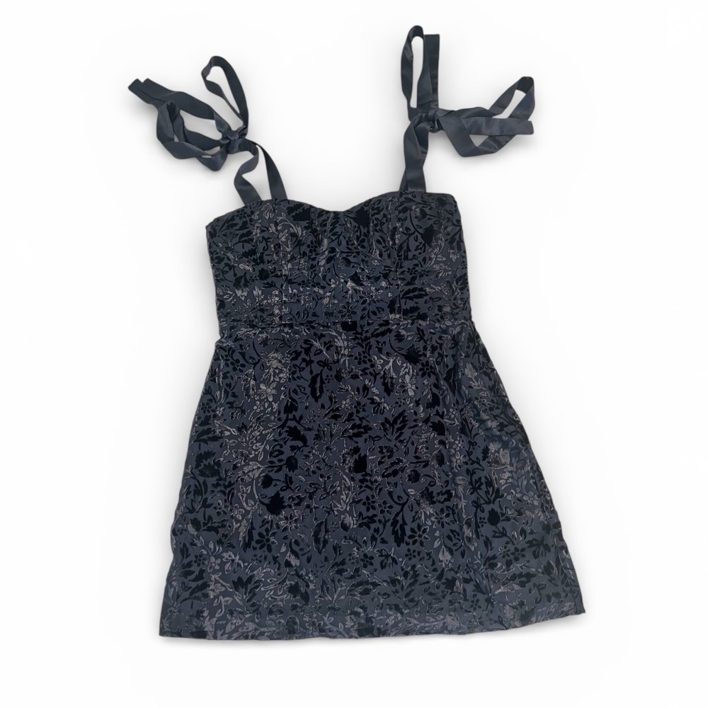 House of Harlow 1960 Navy B Floral Jacquard Sweetheart Tie Strap Evening Dress M - Picture 2 of 12